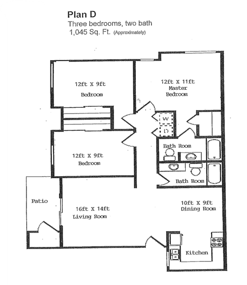 Floor plan for 3 beds, 2 baths, 1045 sqft